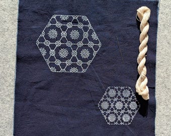 Sashiko Crystal Sampler Kit – Vorgefertigte Stoffe mit Faden & Nadel | Japanische Stickerei DIY | Anfängerfreundlich