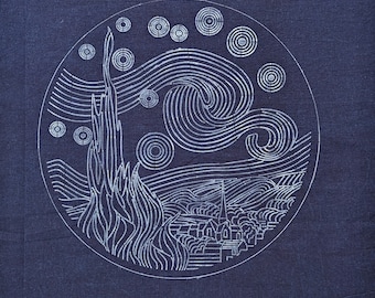 Sashiko embroidery panel "Starry night" by Vincent Van Gogh