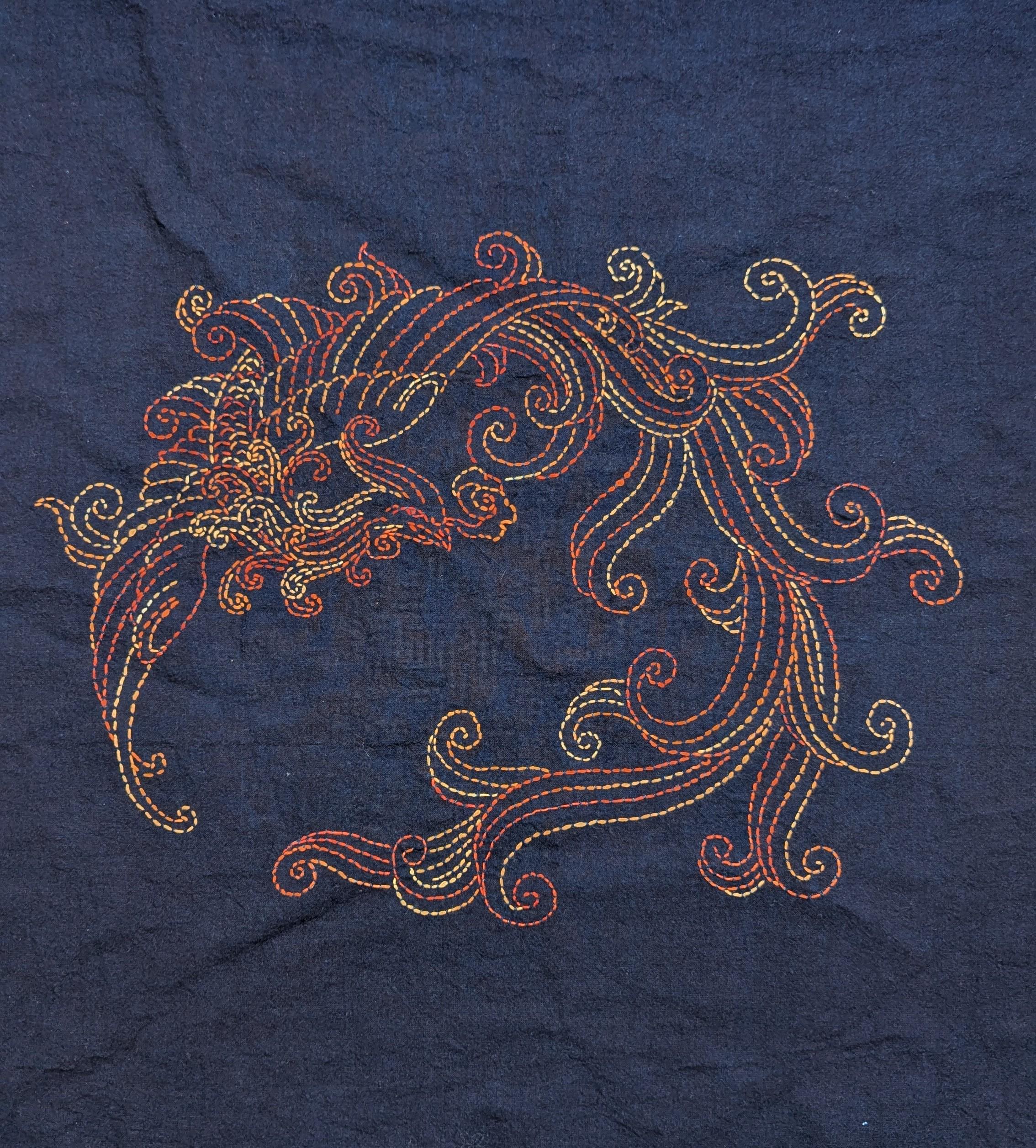Phoenix Sashiko Panel: Hand-dyed Indigo Cotton Embroidery Fabric
