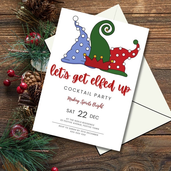 Adult Christmas Party Invitation. Fun Let's Get Elfed Up Invite Template. Easy To Edit In Canva. Great For An Xmas Cocktail Party. Download