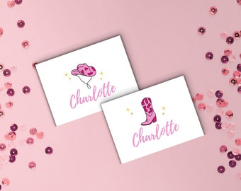 Plantilla para tarjetas de lugar para fiesta de cumpleaños de vaquera rosa, fiesta de vaquera disco rosa, cumpleaños de rodeo, fiesta de cumpleaños de niña, ¡Vamos chicas!, para cualquier edad.