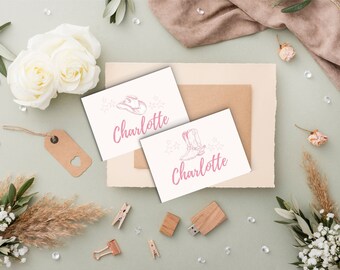 Plantilla para tarjetas de lugar para fiesta de cumpleaños de vaquera rosa, fiesta de vaquera disco rosa, cumpleaños de rodeo, fiesta de cumpleaños de niña, ¡Vamos chicas!, para cualquier edad.