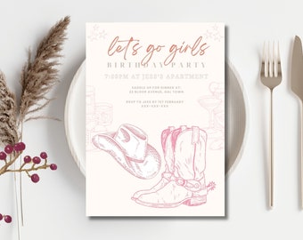 Plantilla de invitación para fiesta de cumpleaños de vaquera rosa, fiesta de vaquera con estilo disco rosa, cumpleaños de rodeo, fiesta de cumpleaños de niña, vamos chicas, cualquier edad