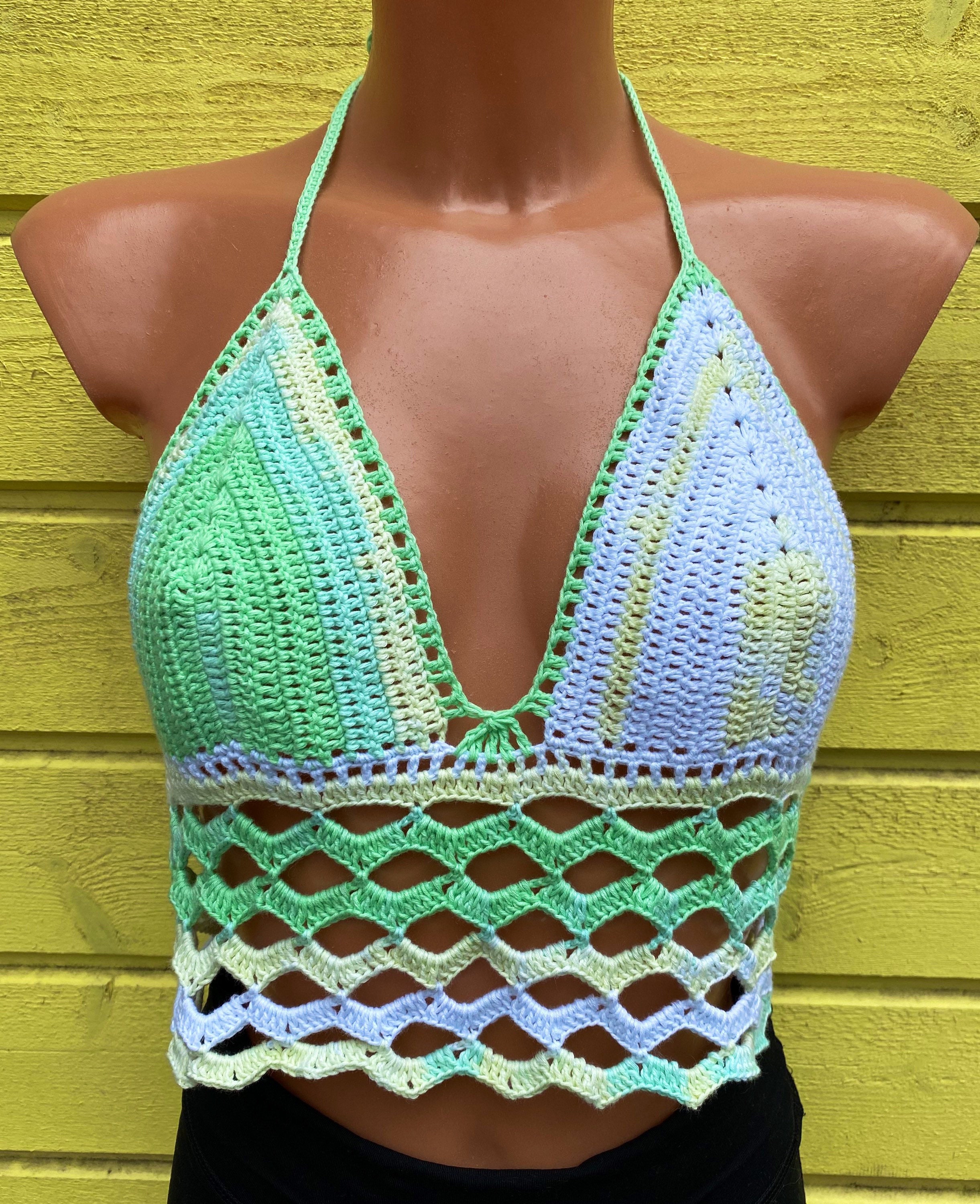 Cotton Yarn and Hippie Style Gift for Everyone Green Boho Style Handmade Crop Top Custom Knit Crop Top Gift for Women Crochet Bralette