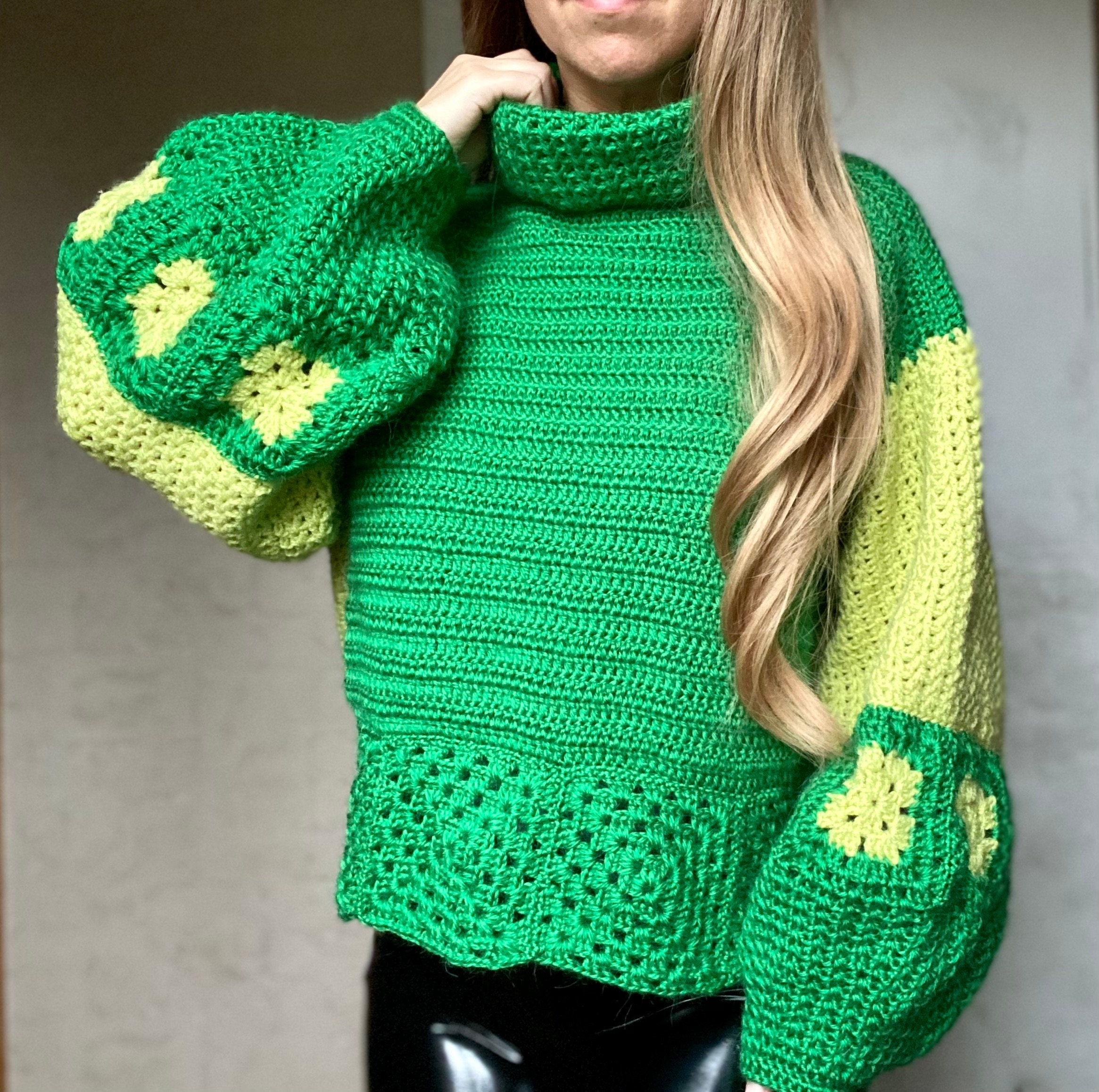 Green Oversized Crochet Sweater, Wool Sweater, Puff Sleeves Jumper ...
