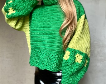 Green Oversized Crochet Sweater, Wool Sweater, Puff Sleeves Jumper, Warm Sweater, Gift Idea, Christmas, Handmade Sweater, Granny Squares