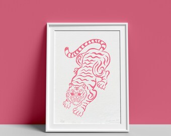 Pink Tiger Linocut Print/Aziatische kunstprint/muurkunst