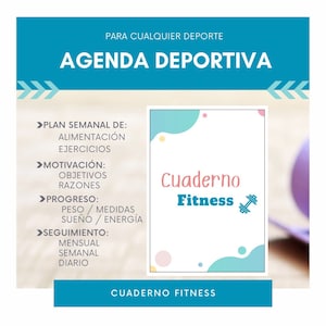 Puede incluir: Un gráfico azul y blanco con el texto "AGENDA DEPORTIVA" en blanco. El gráfico incluye una sección para un plan semanal, motivación, progreso y seguimiento. El gráfico también incluye una ilustración colorida de un cuaderno de fitness con el texto "Cuaderno Fitness".
