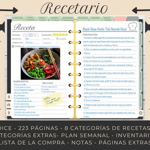Complete digital recipe book for iPad, Tablet, with classified recipes, weekly meal plan, shopping list and extra space
