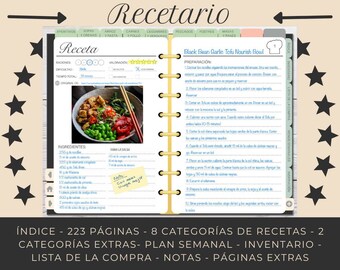 Complete digital recipe book for iPad, Tablet, with classified recipes, weekly meal plan, shopping list and extra space