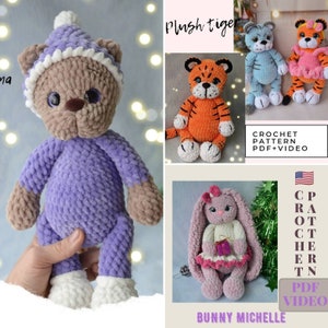 Crochet Pattern SET 3 in 1 PDF English,Crochet bunny pattern, amigurumi bear pattern. Plush stuffed tiger pattern