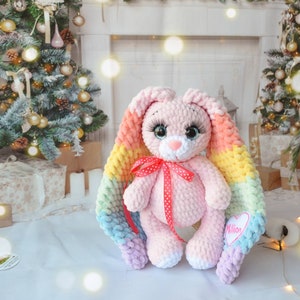 Handmade crochet pink stuffed bunny animal, Christmas gift, rabbit plush, bunny doll plush gift for baby shower, birthday gift. Easter bunny