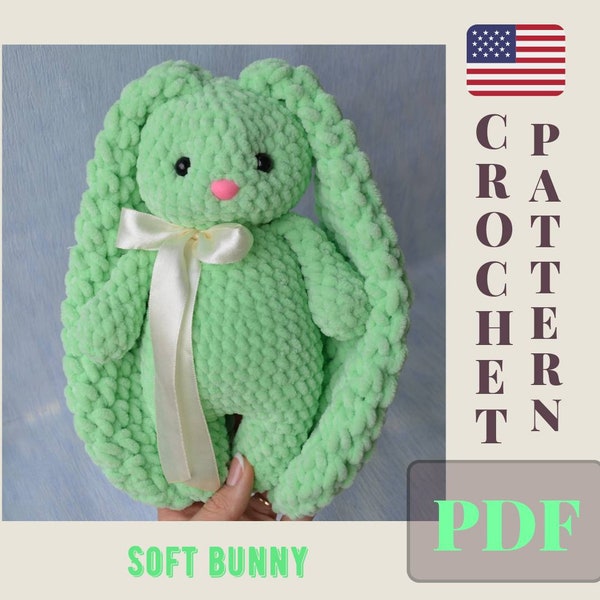 Crochet bunny pattern PDF.  Cute Bunny Long Ears. Amigurumi Pattern. Bunny pattern for beginners. Plush rabbit tutorial.