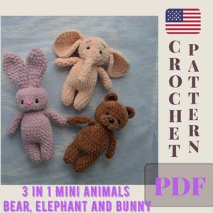 PDF Crochet pattern 3 in 1. Easy amigurumi patterns. Crochet bear pattern. Crochet bunny pattern. Crochet elephant pattern
