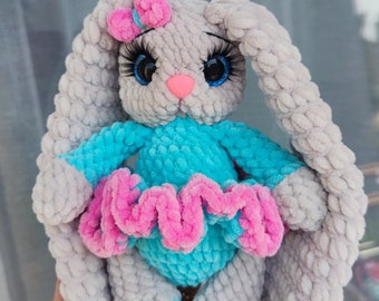 Handmade personalized Crochet plush Bunny toy in dress  , Soft plush bunny stuffed crochet toy,Christmas gift, Easter bunny doll 9"