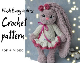 Crochet Pattern Bunny PDF English, Plush stuffed bunny pattern, Amigurumi baby toy DIY tutorial Bunny plush pattern digital bunny in a dress