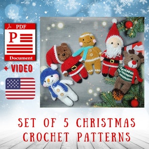 Set of 5 christmas crochet patterns: Snowman, Reindeer, Santa Claus, Gingerbread man, christmas crochet pattern. Easy crochet patterns