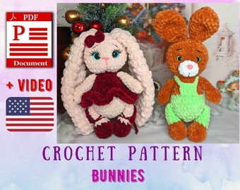 Amigurumi Bunny Pattern, Baby bunny Crochet Pattern, Crochet Bunny Pattern 8", PDF in English. Crochet Bunny in dress, rabbit in jumpsuit