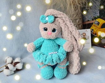 10,23"/26cm Crochet plush Bunny ballerina toy in dress  , Soft plush bunny stuffed crochet toy,Christmas gift, Easter bunny doll