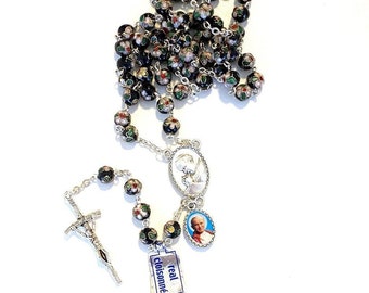 Black Cloisonne Rosary -St. John Paul II -JPII w/ Relic Medal -Blessed