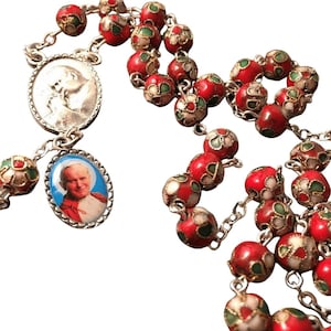 Red Cloisonne Rosary - St.John Paul Ii W/ Ex-Indumentis Relic Medal - Blessed