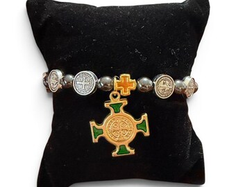 St Benedict Bracelet - Silver-tone and gold-tone cross pendant
