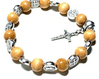 Blessed St. Benedict Wooden Bead Rosary Bracelet with Crucifix