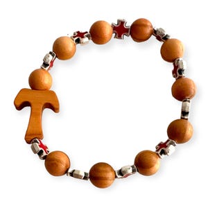 Handcrafted Wooden Bracelet with Tau Cross and Red Celtic Crosses