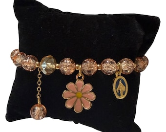 Miraculous Medal Bracelet - Pink and champagne glass beads