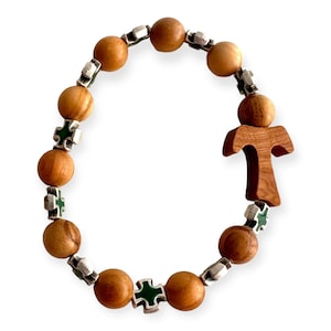 Handcrafted Wooden Bracelet with Tau Cross and Green Celtic Crosses