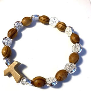 Wooden St. Benedict Medal Stretch Bracelet with Tau Blessed By Pope