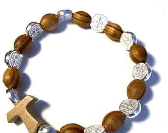 Wooden St. Benedict Medal Stretch Bracelet with Tau Blessed By Pope