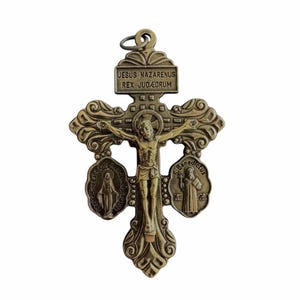 Bronze Tone 3-Way Pardon Indulgence Crucifix w/ St. Benedict & Miraculous Medals