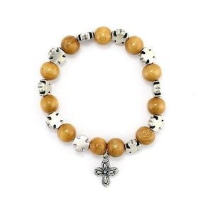 Olive Wood Bracelet with Celtic Crosses and Four-Way Cross Pendant