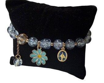 Miraculous Medal Bracelet - Blue crackle glass and gold-tone