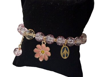Miraculous Medal Bracelet - Pink crackle glass and gold-tone