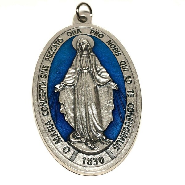 Huge Miraculous Medal 3" with Blue Enamel - Blessed By Pope