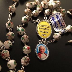 White Cloisonne Rosary - St.John Paul II - JPII- Ex-Indumentis Relic Medal