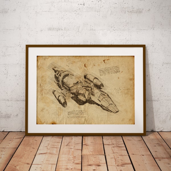 Firefly Serenity Starship Poster | Serenity Print , Sci-Fi Print, Home Decor, Da Vinci style Giclee Print sketch, Art Print, Wall Art, Decor