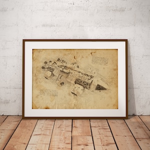 May include: A vintage-style framed print of a detailed line drawing of a spaceship. The drawing is on aged paper with handwritten notes and diagrams surrounding the spaceship.