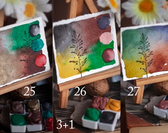 Handgemaakte aquarellen TINY SPRINGS 4pc sets, humeurig, april, geel rood ambachtelijke kwaliteit pigment schetsen, schilderen, natuurlijk, kunst, illustratie