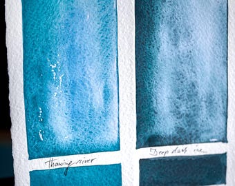 Handmade watercolor THAWING RIVER and Deep Dark ICE, blue artisan quality pigment, sketching, illustration, granulating, paint, watercolours