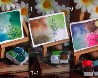 Handmade watercolors TINY SPRINGS 4pc sets, moody, april, GREEN pink artisan quality pigment sketching, painting, natural, art, illustration