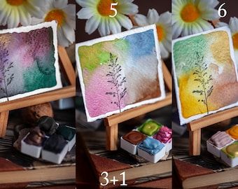 Ensembles de 4 aquarelles faites à la main TINY SPRINGS, moody, avril, brun rose, croquis pigmentés de qualité artisanale, peinture, naturel, art, illustration