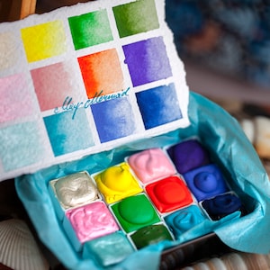 Handgemachtes Aquarell MAI MERMAID 12p set ozeanblau gelb orange, handwerkliches Qualitätspigment, Skizzieren, Malen, Illustration, Natur, Kunst,
