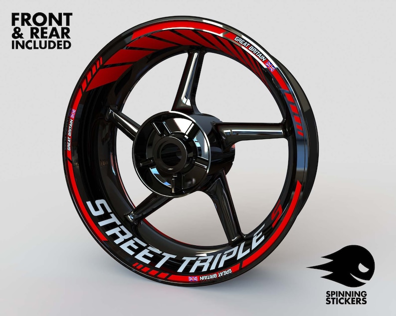 Puede incluir: Calcoman&iacute;as de llanta de rueda de motocicleta rojas y blancas con el texto "STREET TRIPLE" y las palabras "GREAT BRITAIN" a cada lado. Las calcoman&iacute;as est&aacute;n dise&ntilde;adas para adaptarse a una llanta de rueda de motocicleta.