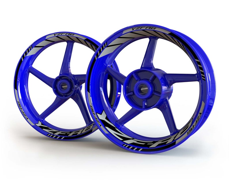 May include: Two blue motorcycle wheels with black and silver YZF-R6 decals.