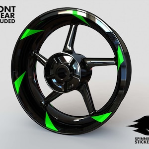 Puede incluir: Llantas de rueda de motocicleta negras con rayas de acento verdes. El texto "Front & Rear Included" es visible.