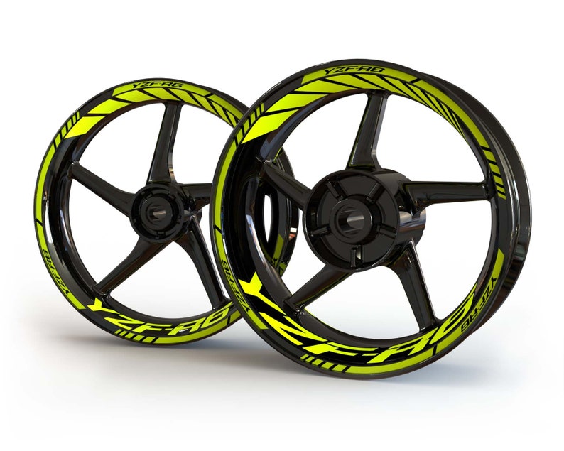May include: Two black motorcycle wheels with yellow and black YZF-R6 decals.