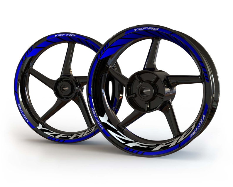 May include: Two black motorcycle wheels with blue and white YZF-R6 decals.
